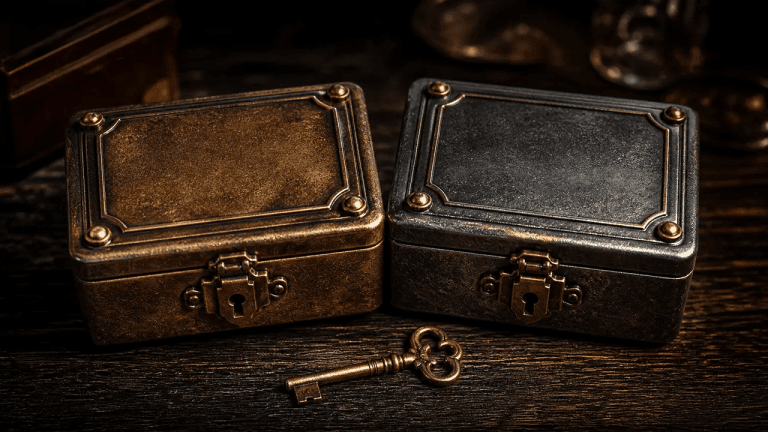 Two closed and long dormant treasure chests with a key.