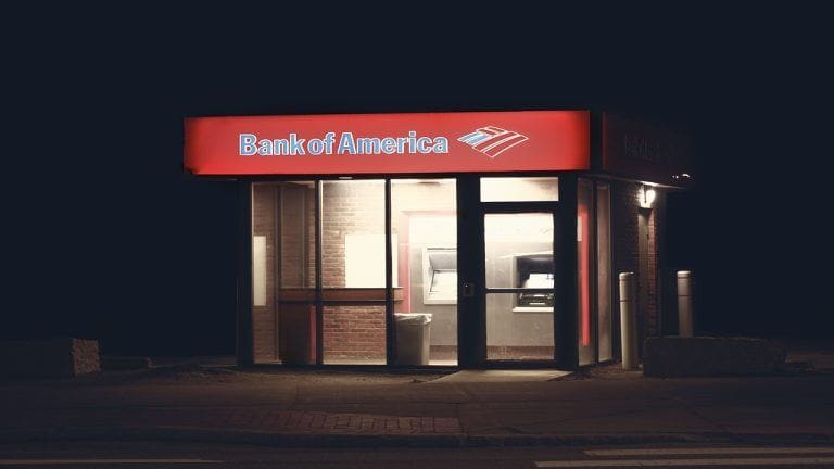 Image of a Bank of America ATM at night.