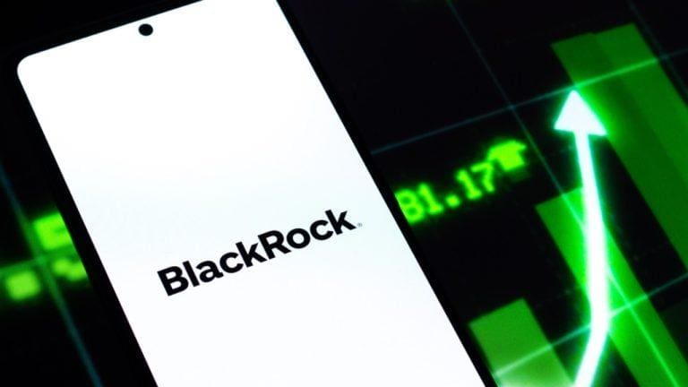 Blackrock on mobile phone with green chart in the background