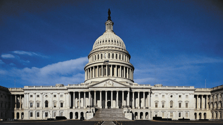 Photograph of the United States congress from its front.