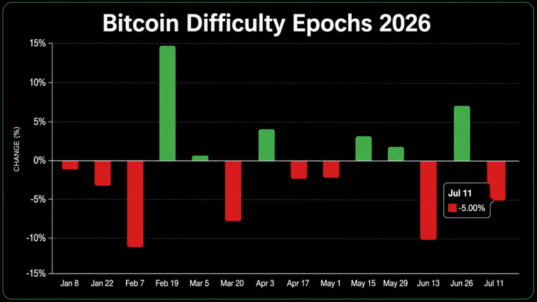 Chart showing all fourteen of Bitcoin's difficulty epochs.
