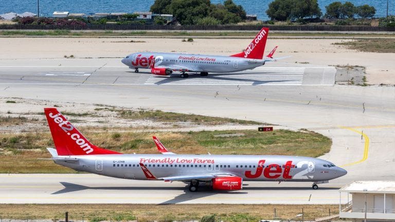 Jet2 Boeing 737-800 airplanes at Rhodes airport in Greece