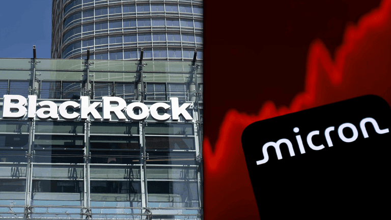 Blackrock building and Micron logo on a smartphone.